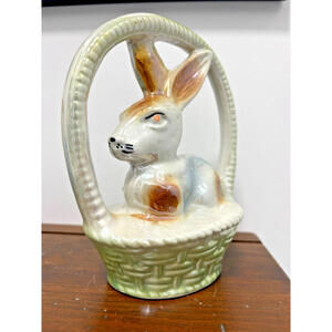 Vintage Lusterware Ceramic Hare Bunny Rabbit Easter Basket Brazil Stamped 1912